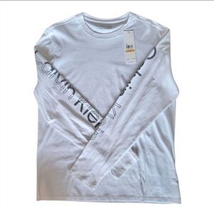 Calvin Klein White Long Logo Sleeve Mens Shirt Size Small